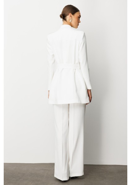 Moda Ilgi Kadın Omuz ve Kol Taş Işleme Detaylı Şal Yaka Kuşaklı Ceket 5007 Ekru fırsatları