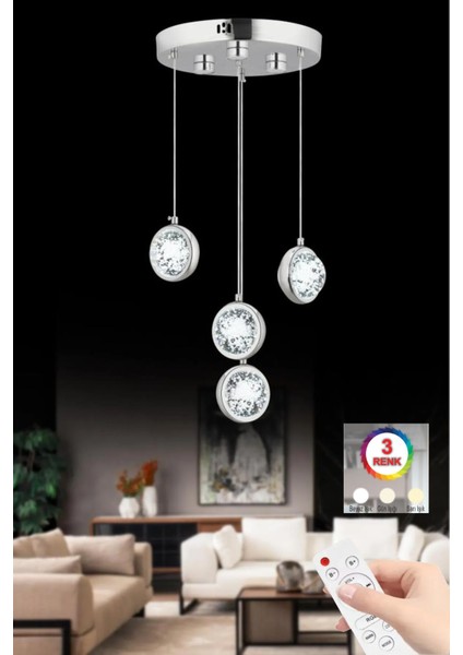Dünya 4'lü Gümüş Ledli Kumandalı 3 Renk Ledli Modern Lüx Led Avize