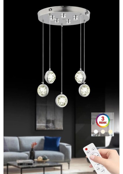Dünya 5'li Gümüş Ledli Modern Kumandalı 3 Renk Led Avize