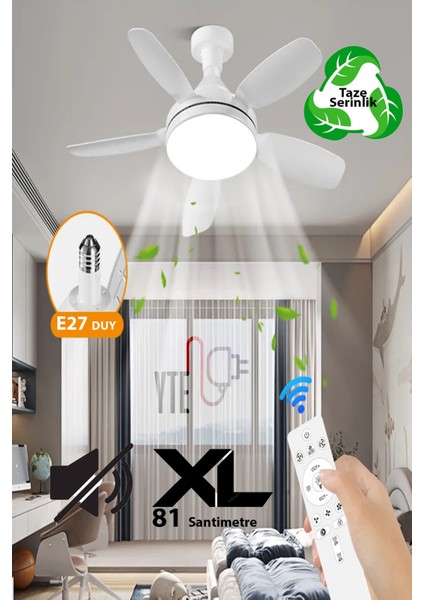 Sessiz Büyük Boy 81 cm Tavan Vantilatörü E27 Duylu Uzaktan Kumandalı 3 Renk
