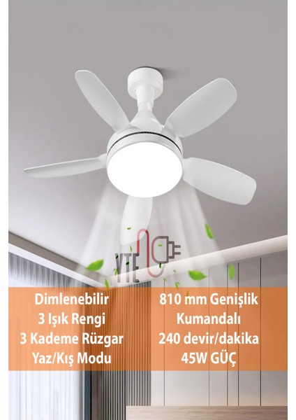 Sessiz Büyük Boy 81 cm Tavan Vantilatörü E27 Duylu Uzaktan Kumandalı 3 Renk