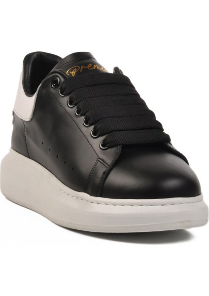 Beyaz-Siyah-Beyaz Hakiki Deri Erkek Sneaker Premium 02028 M