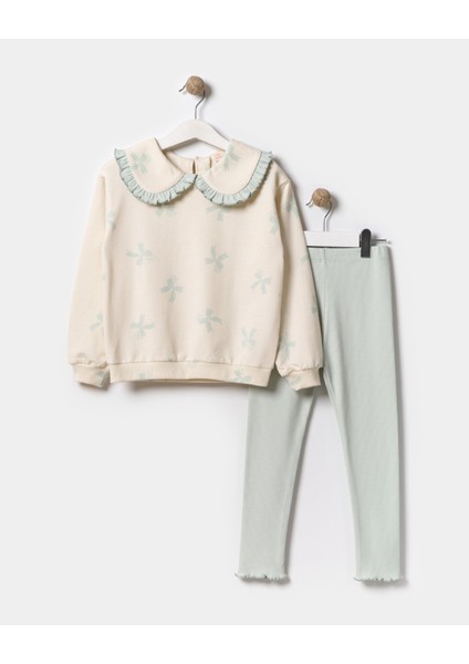 Kız Çocuk Pamuklu Ekru Kurdele Desenli Fırfırlı Yaka Sweat ve Mint Tayt Takım