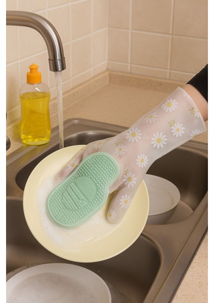 Su Geçirmez Desenli Mutfak Yıkama Eldiveni Fırçalı Yüzey