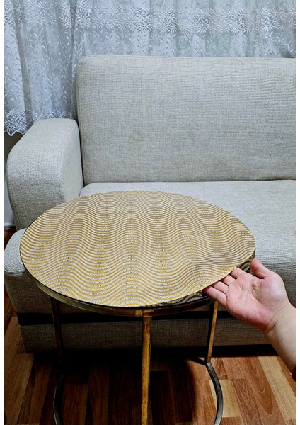 Orta Sehpa Gold Paralel Çizgili Yuvarlak Pvc Dantelli Sehpa Örtüsü Çeyizlik Masa Örtüsü Gold