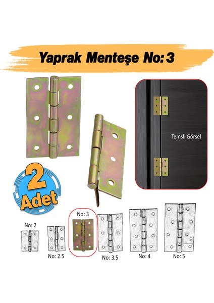 Metal Yaprak Menteşe 2 Adet Prinç Sarı No:3 Mobilya Pencere Kapı Dolap Pvc Menteşesi Iki Kanatlı