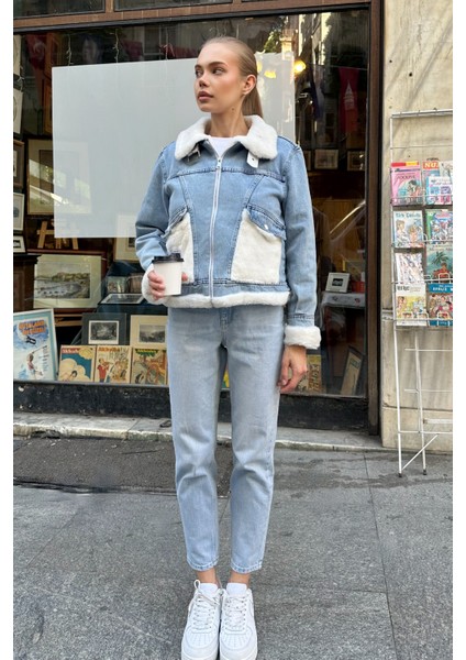 Suni Kürk Detaylı Jean Ceket - Oversize Denim modelleri