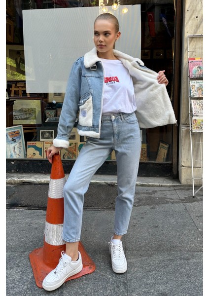 Suni Kürk Detaylı Jean Ceket - Oversize Denim indirimleri