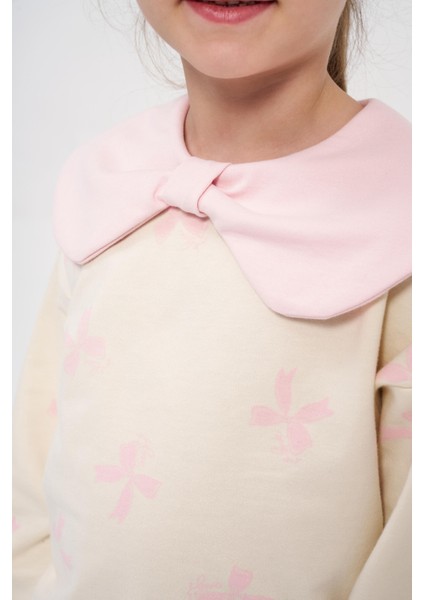 Kız Çocuk Pamuklu Pembe Çiçek Desenli Geniş Yaka Sweatshirt ve Tayt Takım modelleri