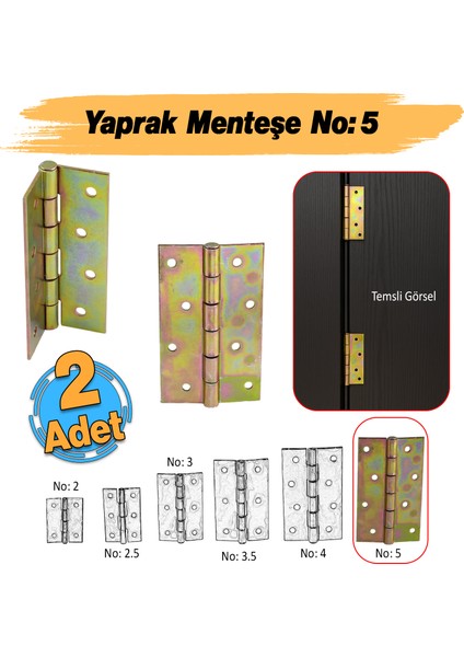 Metal Yaprak Menteşe 2 Adet Prinç Sarı No:5 Mobilya Pencere Kapı Dolap Pvc Menteşesi Iki Kanatlı