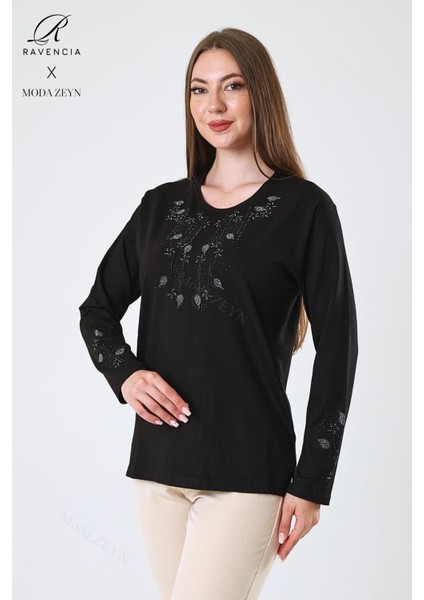 Kadın Orta Yaş ve Üzeri Viskon Damla Yaprak Desen Taşlı Işlemeli Likralı Siyah Anne Penye Bluz
