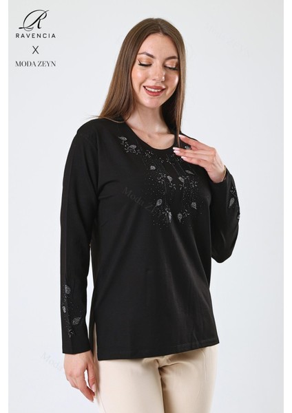 Kadın Orta Yaş ve Üzeri Viskon Damla Yaprak Desen Taşlı Işlemeli Likralı Siyah Anne Penye Bluz fiyatları