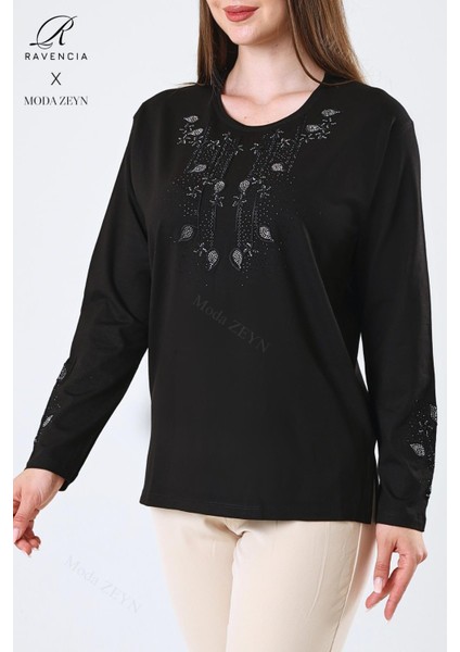 Kadın Orta Yaş ve Üzeri Viskon Damla Yaprak Desen Taşlı Işlemeli Likralı Siyah Anne Penye Bluz fırsatları