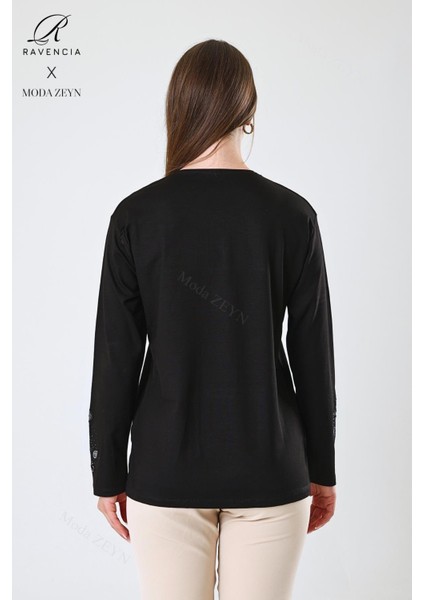 Kadın Orta Yaş ve Üzeri Viskon Damla Yaprak Desen Taşlı Işlemeli Likralı Siyah Anne Penye Bluz indirimleri