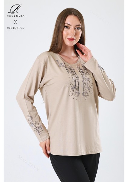 Kadın Orta Yaş ve Üzeri Viskon Damla Yaprak Desen Taşlı Işlemeli Likralı Bej Anne Penye Bluz