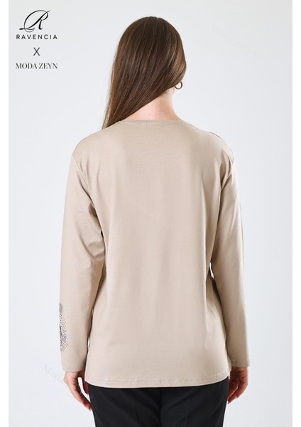 Kadın Orta Yaş ve Üzeri Viskon Damla Yaprak Desen Taşlı Işlemeli Likralı Bej Anne Penye Bluz indirimleri