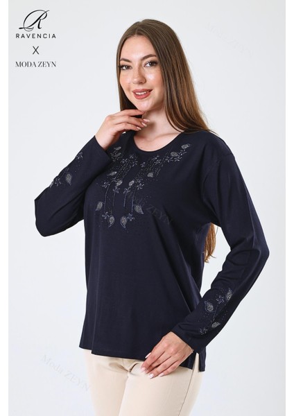 Kadın Orta Yaş ve Üzeri Viskon Damla Yaprak Desen Taşlı Işlemeli Likralı Lacivert Anne Penye Bluz
