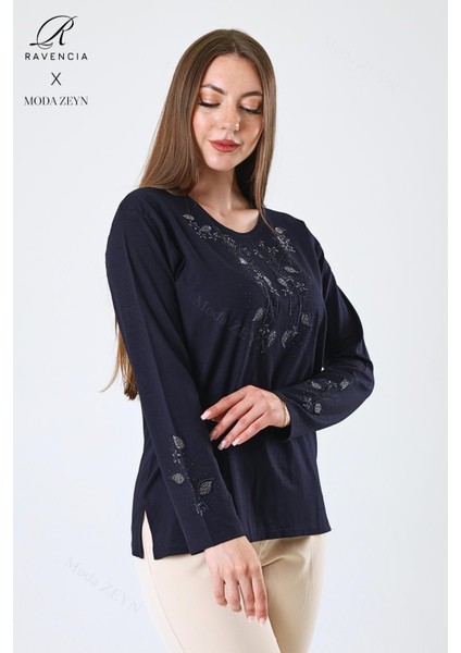 Kadın Orta Yaş ve Üzeri Viskon Damla Yaprak Desen Taşlı Işlemeli Likralı Lacivert Anne Penye Bluz fiyatları