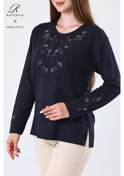 Kadın Orta Yaş ve Üzeri Viskon Damla Yaprak Desen Taşlı Işlemeli Likralı Lacivert Anne Penye Bluz fırsatları