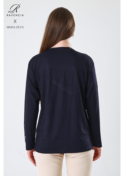 Kadın Orta Yaş ve Üzeri Viskon Damla Yaprak Desen Taşlı Işlemeli Likralı Lacivert Anne Penye Bluz indirimleri