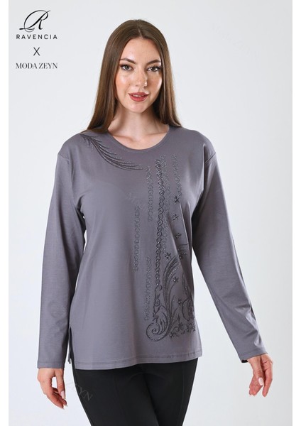Kadın Orta Yaş ve Üzeri Viskon Halka Şerit Desen Taşlı Işlemeli Likralı Gri Anne Penye Bluz