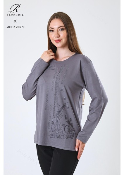 Kadın Orta Yaş ve Üzeri Viskon Halka Şerit Desen Taşlı Işlemeli Likralı Gri Anne Penye Bluz fiyatları