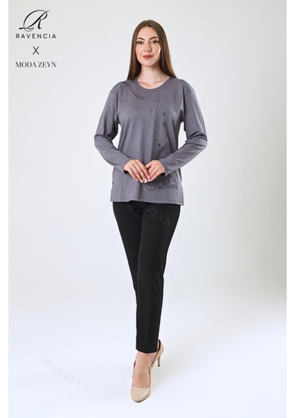Kadın Orta Yaş ve Üzeri Viskon Halka Şerit Desen Taşlı Işlemeli Likralı Gri Anne Penye Bluz modelleri