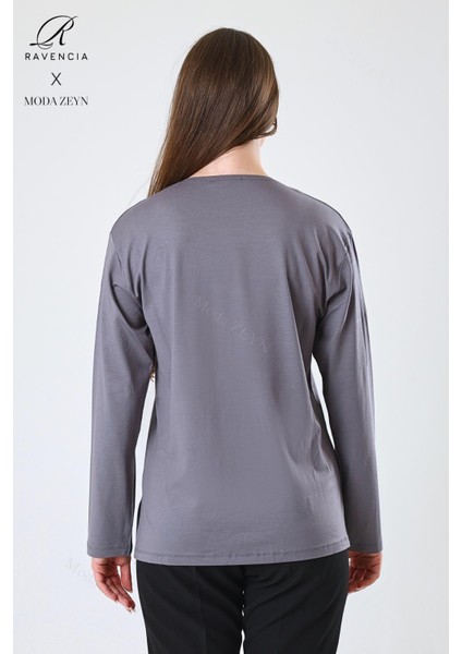 Kadın Orta Yaş ve Üzeri Viskon Halka Şerit Desen Taşlı Işlemeli Likralı Gri Anne Penye Bluz fırsatları