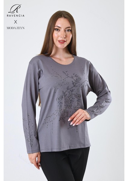 Kadın Orta Yaş ve Üzeri Viskon Yeni Kaplama Desen Taşlı Işlemeli Likralı Gri Anne Penye Bluz