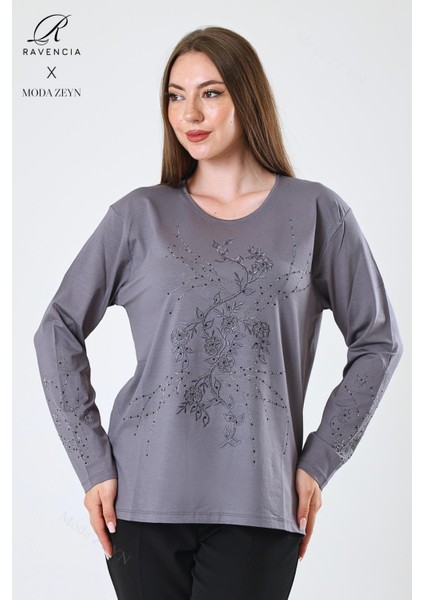 Kadın Orta Yaş ve Üzeri Viskon Yeni Kaplama Desen Taşlı Işlemeli Likralı Gri Anne Penye Bluz fiyatları