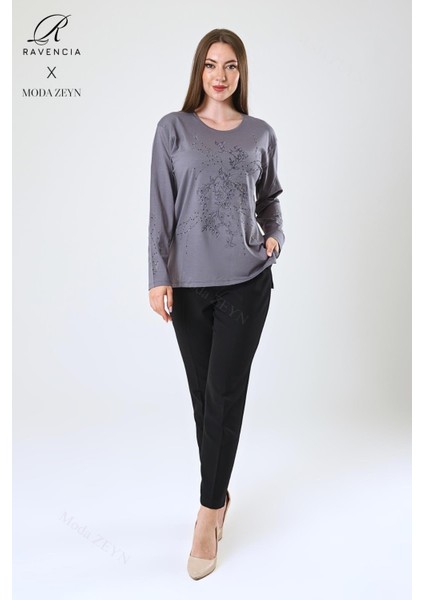 Kadın Orta Yaş ve Üzeri Viskon Yeni Kaplama Desen Taşlı Işlemeli Likralı Gri Anne Penye Bluz modelleri