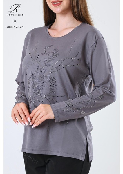 Kadın Orta Yaş ve Üzeri Viskon Yeni Kaplama Desen Taşlı Işlemeli Likralı Gri Anne Penye Bluz fırsatları