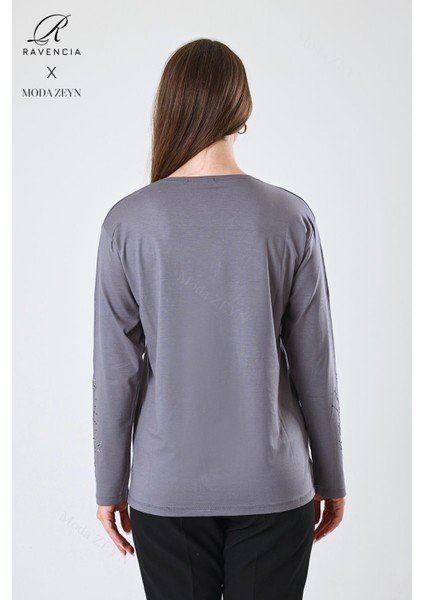 Kadın Orta Yaş ve Üzeri Viskon Yeni Kaplama Desen Taşlı Işlemeli Likralı Gri Anne Penye Bluz indirimleri