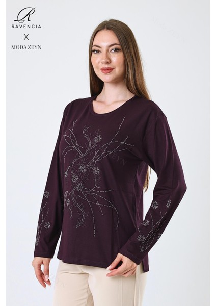 Kadın Orta Yaş ve Üzeri Viskon Yeni Kaplama Desen Taşlı Işlemeli Likralı Mürdüm Anne Penye Bluz