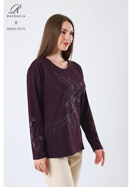 Kadın Orta Yaş ve Üzeri Viskon Yeni Kaplama Desen Taşlı Işlemeli Likralı Mürdüm Anne Penye Bluz fiyatları