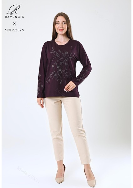 Kadın Orta Yaş ve Üzeri Viskon Yeni Kaplama Desen Taşlı Işlemeli Likralı Mürdüm Anne Penye Bluz modelleri