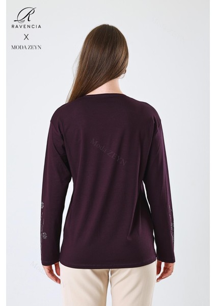 Kadın Orta Yaş ve Üzeri Viskon Yeni Kaplama Desen Taşlı Işlemeli Likralı Mürdüm Anne Penye Bluz indirimleri