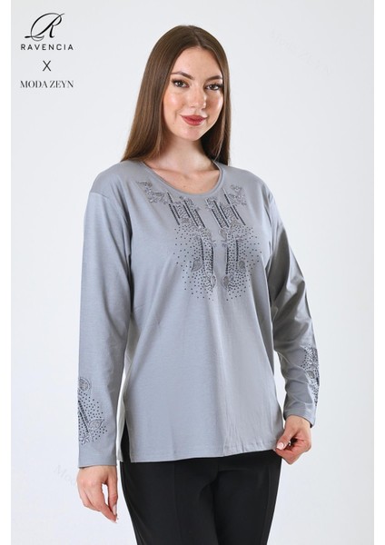 Kadın Orta Yaş ve Üzeri Viskon Damla Yaprak Desen Taşlı Işlemeli Likralı Gri Anne Penye Bluz