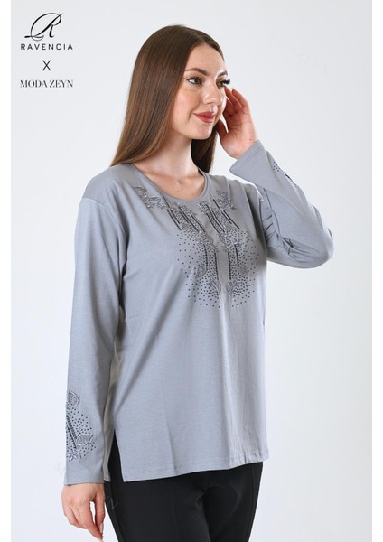 Kadın Orta Yaş ve Üzeri Viskon Damla Yaprak Desen Taşlı Işlemeli Likralı Gri Anne Penye Bluz fiyatları