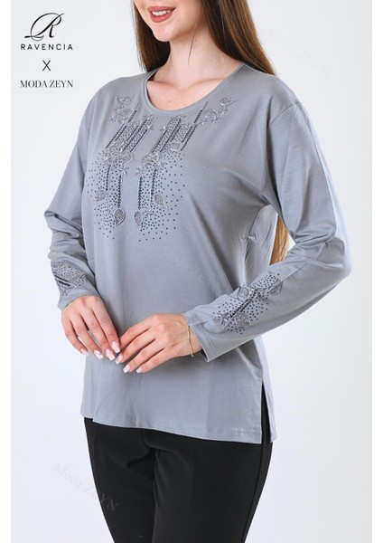 Kadın Orta Yaş ve Üzeri Viskon Damla Yaprak Desen Taşlı Işlemeli Likralı Gri Anne Penye Bluz fırsatları