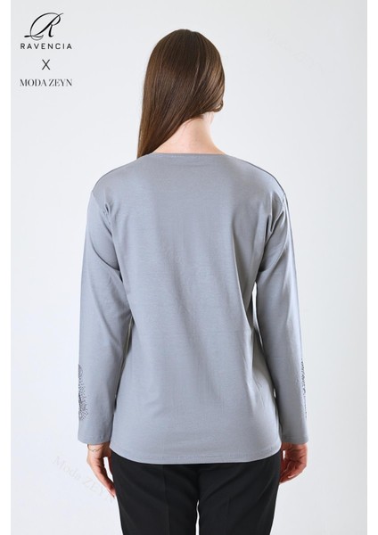 Kadın Orta Yaş ve Üzeri Viskon Damla Yaprak Desen Taşlı Işlemeli Likralı Gri Anne Penye Bluz indirimleri