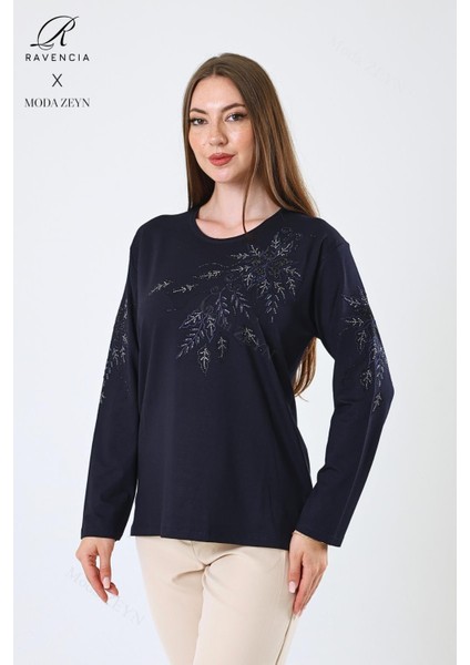 Kadın Orta Yaş ve Üzeri Viskon Çiçek Desen Taşlı Işlemeli Likralı Lacivert Anne Penye Bluz