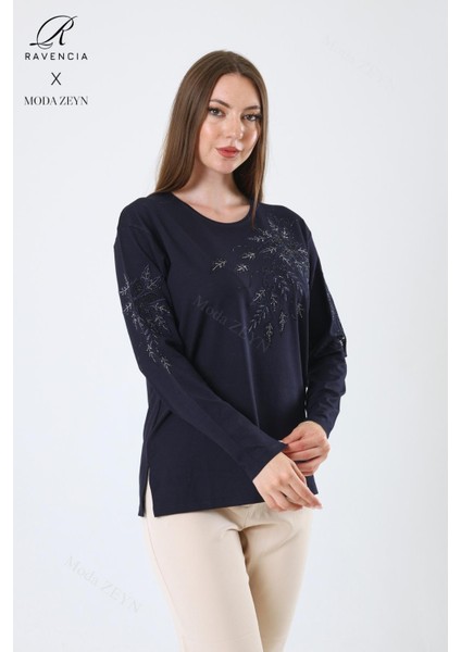 Kadın Orta Yaş ve Üzeri Viskon Çiçek Desen Taşlı Işlemeli Likralı Lacivert Anne Penye Bluz fiyatları