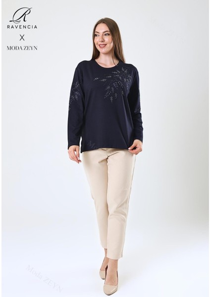 Kadın Orta Yaş ve Üzeri Viskon Çiçek Desen Taşlı Işlemeli Likralı Lacivert Anne Penye Bluz modelleri