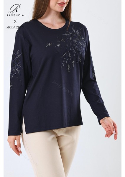 Kadın Orta Yaş ve Üzeri Viskon Çiçek Desen Taşlı Işlemeli Likralı Lacivert Anne Penye Bluz fırsatları