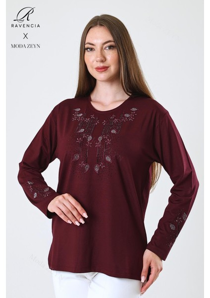 Kadın Orta Yaş ve Üzeri Viskon Damla Yaprak Desen Taşlı Işlemeli Likralı Bordo Anne Penye Bluz