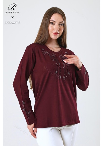 Kadın Orta Yaş ve Üzeri Viskon Damla Yaprak Desen Taşlı Işlemeli Likralı Bordo Anne Penye Bluz fiyatları