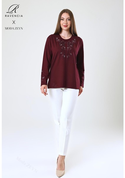 Kadın Orta Yaş ve Üzeri Viskon Damla Yaprak Desen Taşlı Işlemeli Likralı Bordo Anne Penye Bluz modelleri