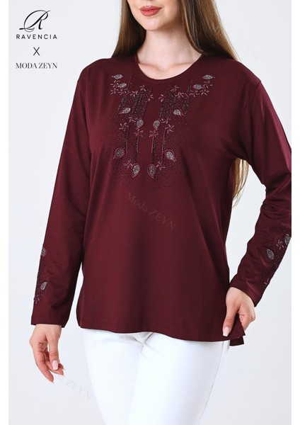 Kadın Orta Yaş ve Üzeri Viskon Damla Yaprak Desen Taşlı Işlemeli Likralı Bordo Anne Penye Bluz fırsatları