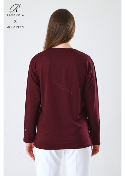 Kadın Orta Yaş ve Üzeri Viskon Damla Yaprak Desen Taşlı Işlemeli Likralı Bordo Anne Penye Bluz indirimleri